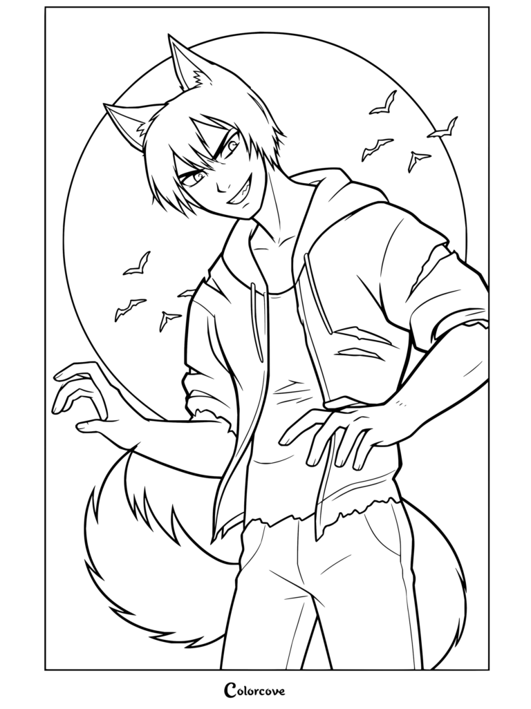 Coloriage gratuit à imprimer d'Aphmau montrant Aaron Lycan sous sa forme de loup-garou avec des oreilles, une queue et des griffes devant la pleine lune.