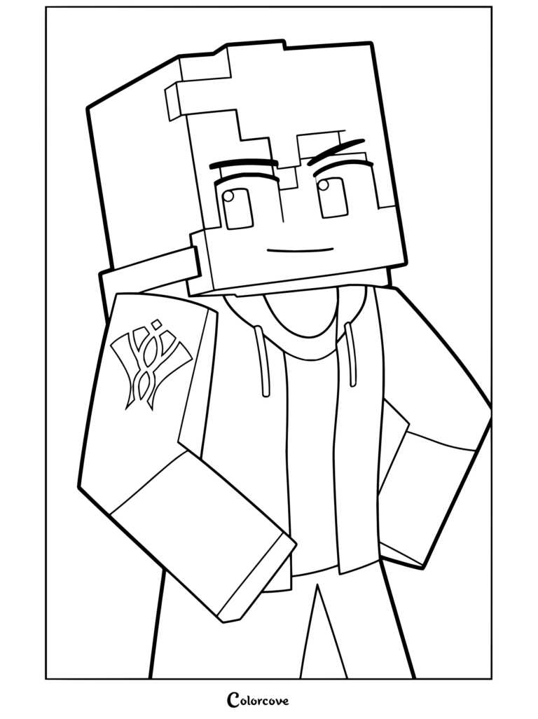 Coloriage d'Aaron Lycan représentant le personnage dans une veste ornée d'un symbole sur la manche.