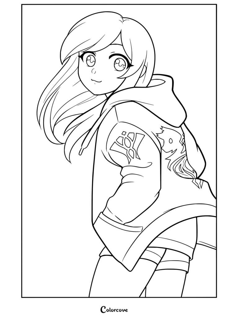 Coloriage d'Aphmau à imprimer montrant Aphmau portant un sweat à capuche Lycan et regardant par-dessus son épaule.