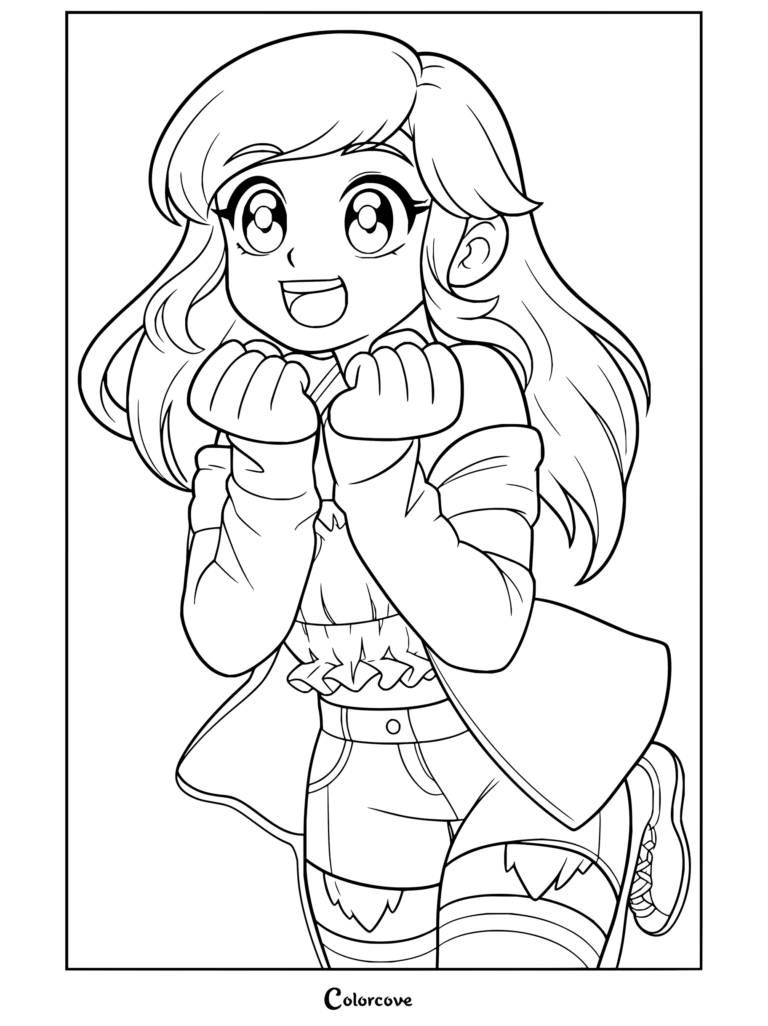 Coloriage d'Aphmau mettant en scène un personnage enthousiaste aux longs cheveux et au sourire radieux.
