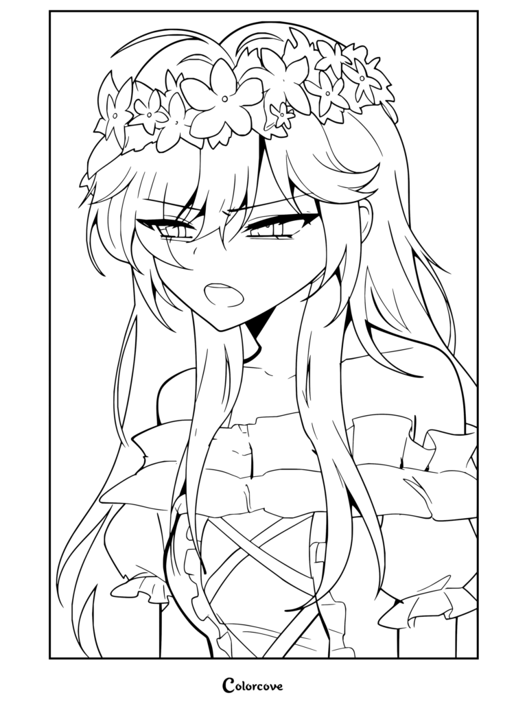Coloriage détaillé d'Aphmau portant une couronne de fleurs et une robe à volants aux épaules dénudées, avec une expression déterminée.