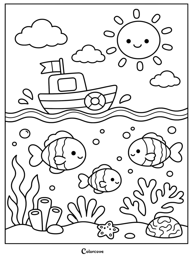 A coloring page featuring a small boat sailing on the ocean surface above three cute striped fish swimming near coral and a starfish.