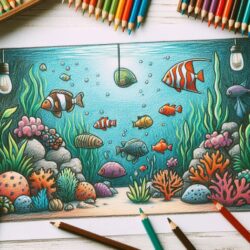 a drawing of fish and corals and pencils