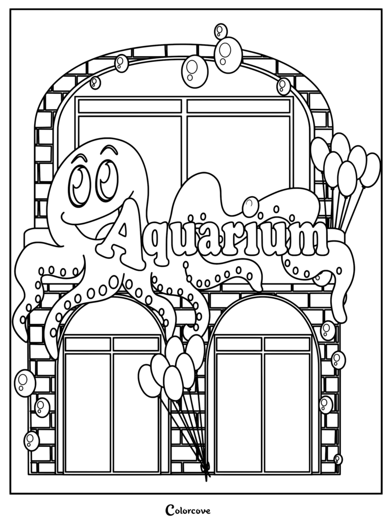 A smiling octopus holding the word Aquarium with tentacles in front of a brick building with balloons, a printable coloring page.