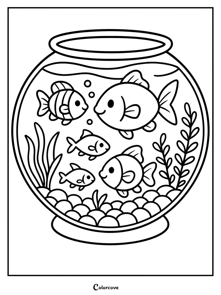 A round fish bowl aquarium coloring page featuring four cute fish swimming among aquatic plants and pebbles.