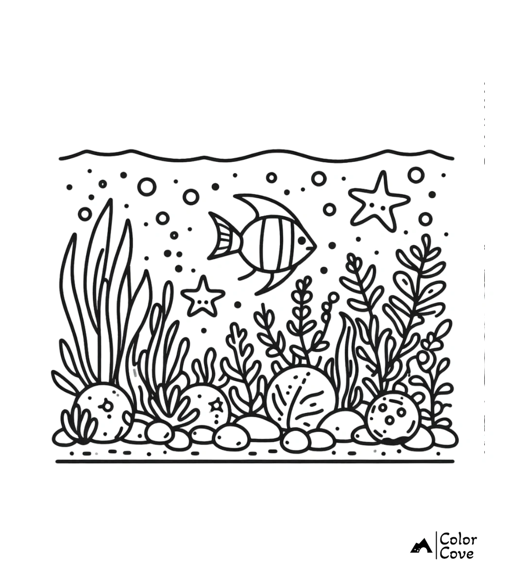 a black and white drawing of a fish and seaweed