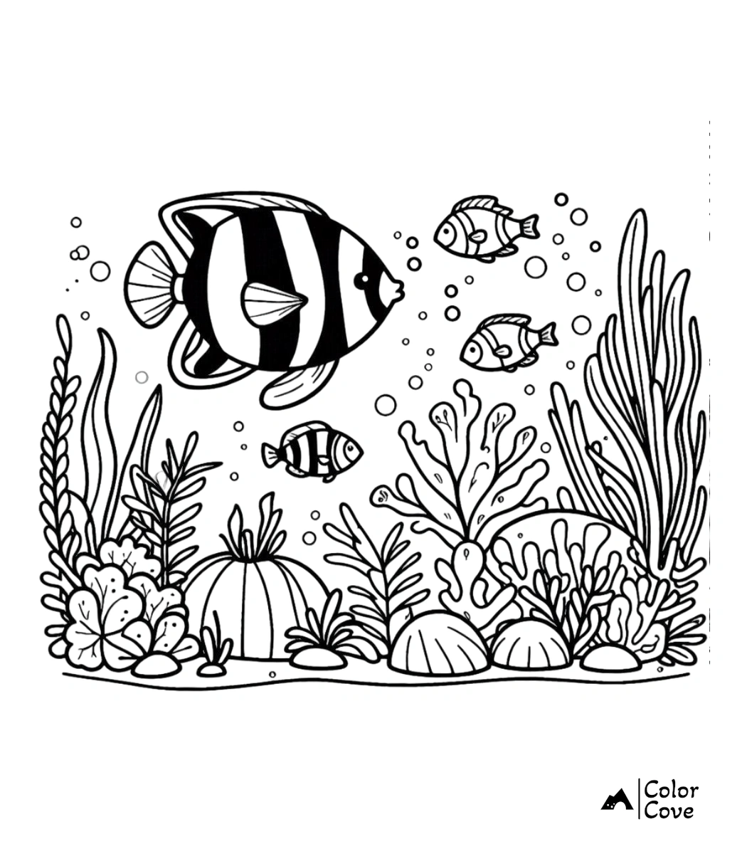 a black and white drawing of fish and seaweed