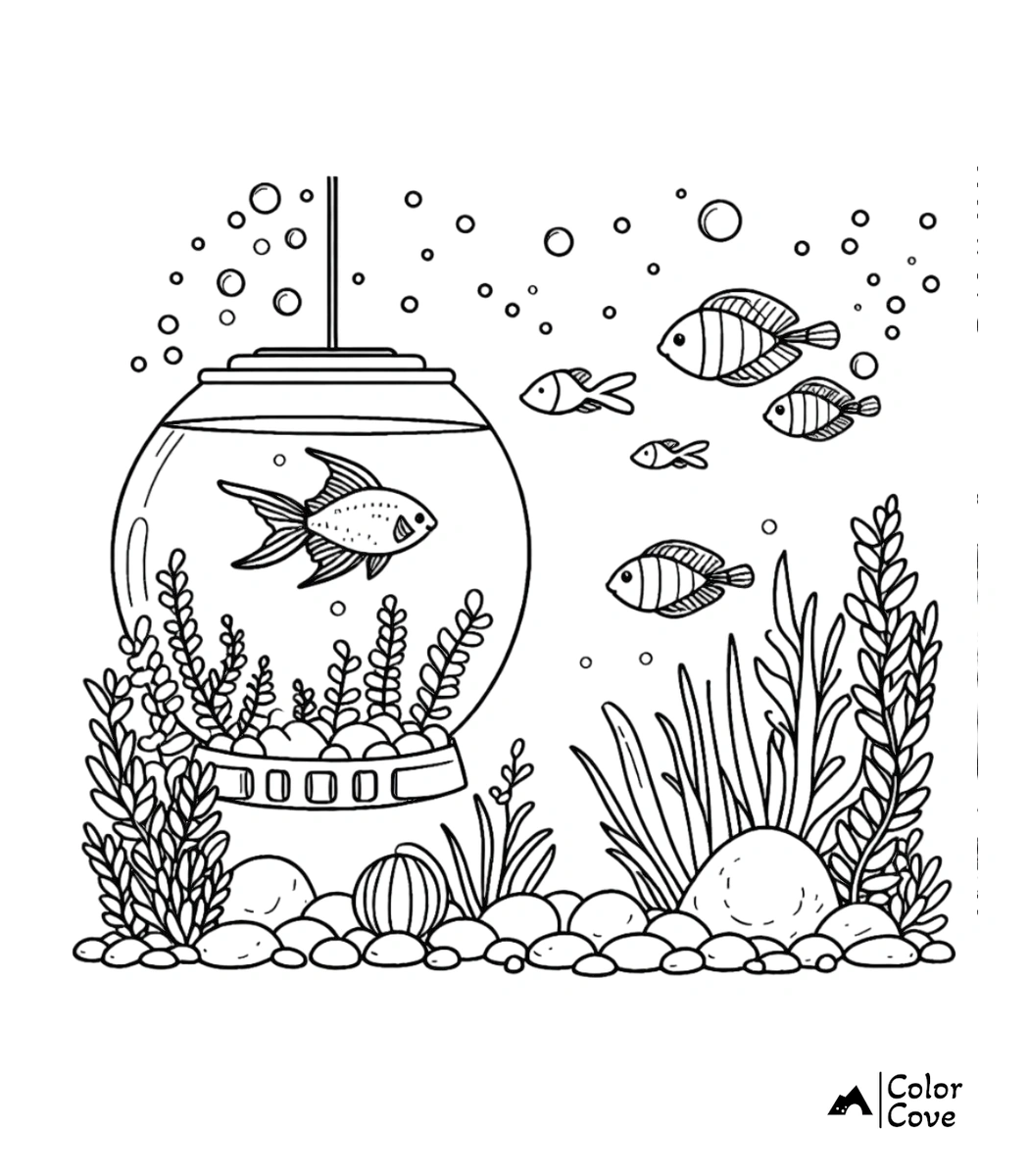 a black and white drawing of a fish bowl with fish and plants