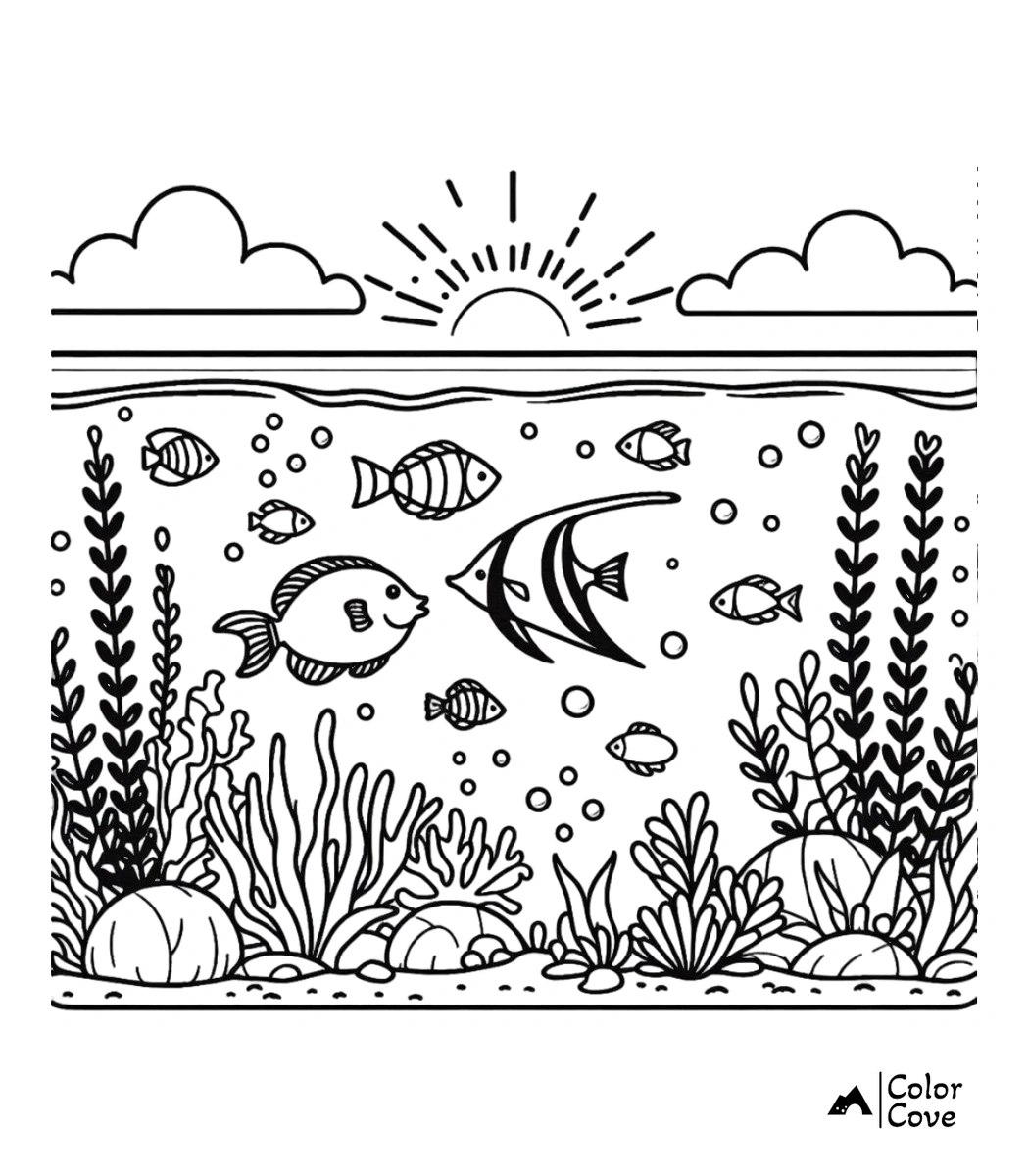 a coloring page of a seabed with fish and plants