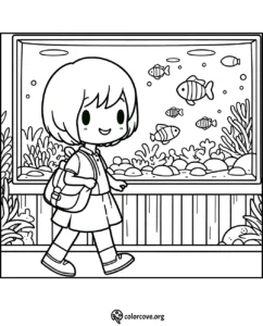 Cute coloring page of a little girl with a backpack walking past a large aquarium with fish and coral.