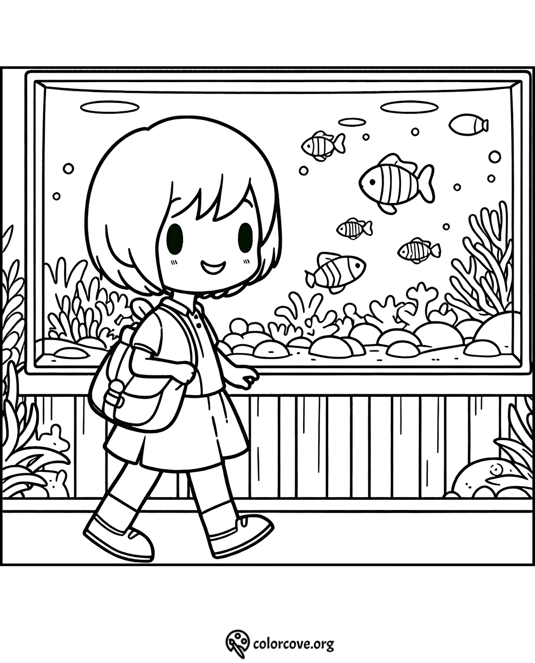 Cute coloring page of a little girl with a backpack walking past a large aquarium with fish and coral.