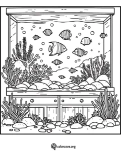 Coloring page of a detailed aquarium scene with fish, corals, and rocks, designed for relaxing and creative coloring activities.