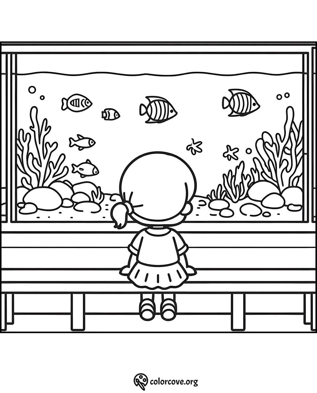 Child coloring page: Girl watching fish tank filled with fish, seaweed, and rocks, perfect for kids’ ocean-themed activities.