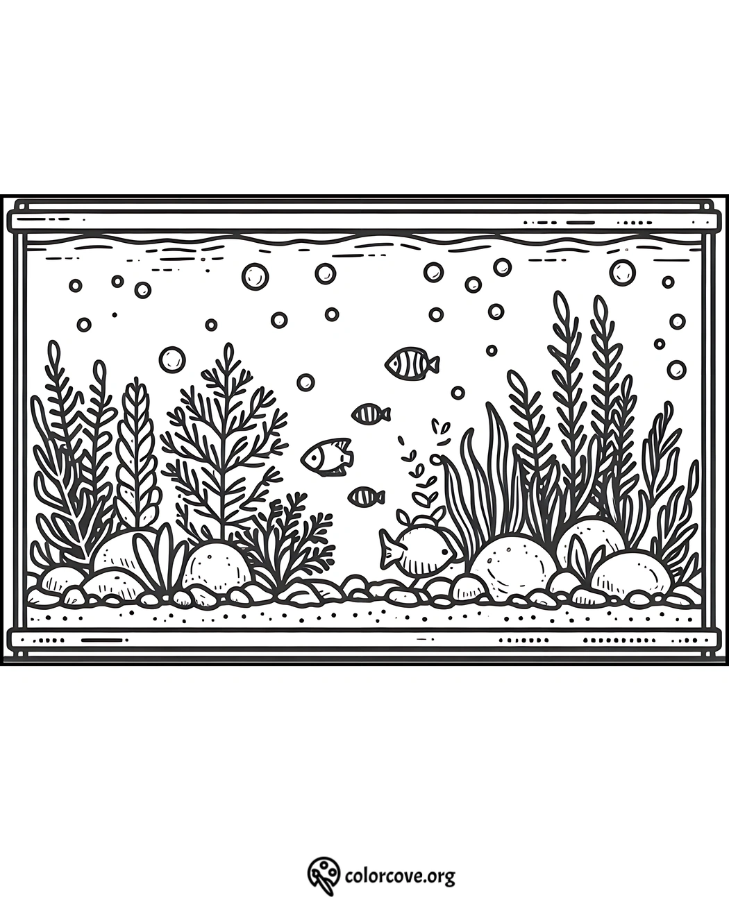 Aquarium coloring page with fish, plants, and bubbles. Perfect for kids and adults to color and enjoy marine life art.