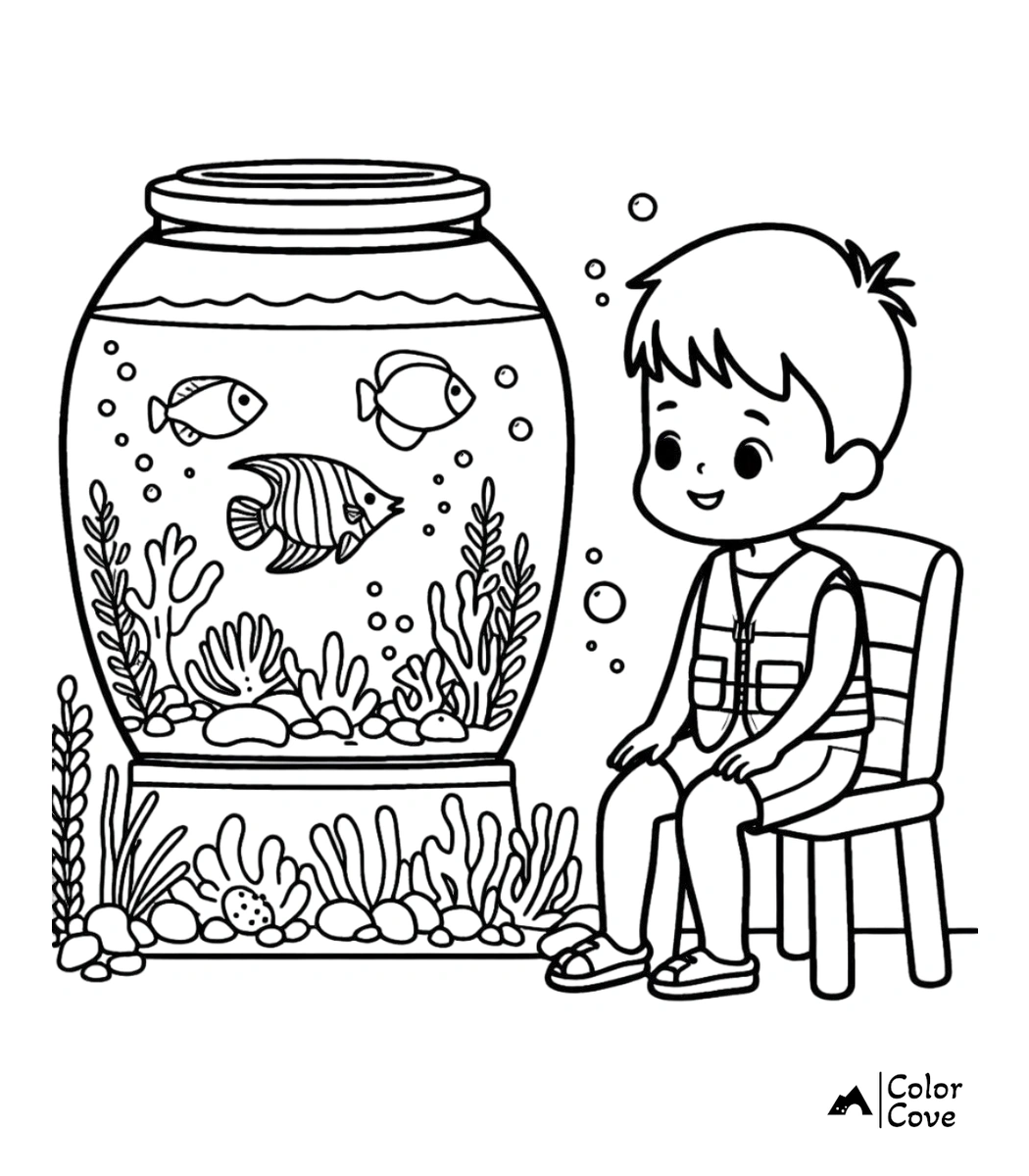 a boy sitting on a chair next to a fish tank