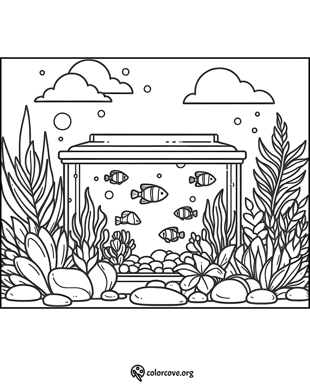 Aquarium coloring page with fish, underwater plants, and bubbles. Perfect for kids and adults.