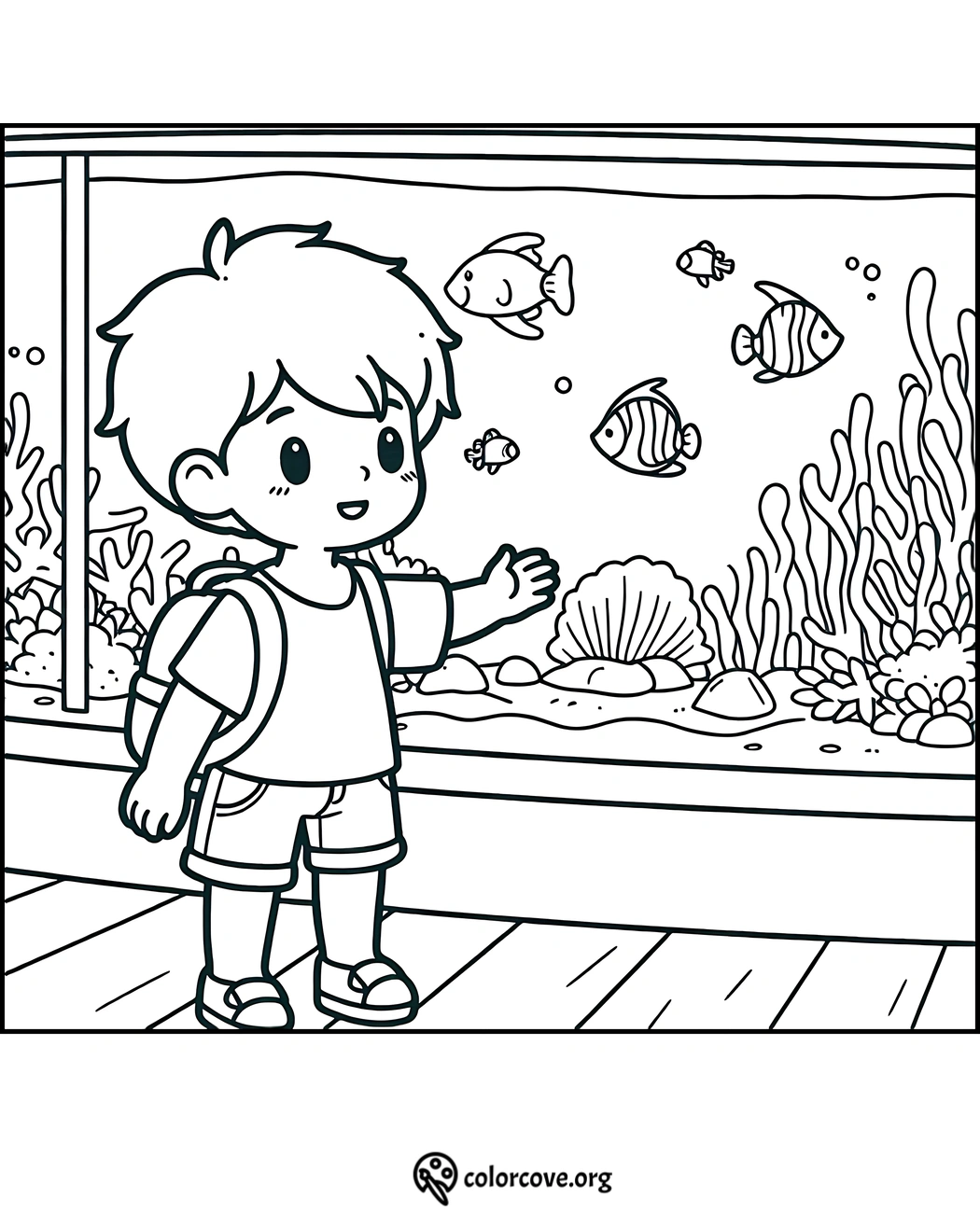 Child coloring page: a kid with a backpack admires fish in an aquarium; educational and fun for children to color.