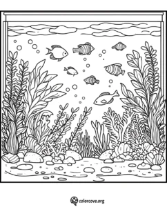 Underwater coloring page with fish swimming among seaweed and coral, featuring detailed marine life and ocean plants.