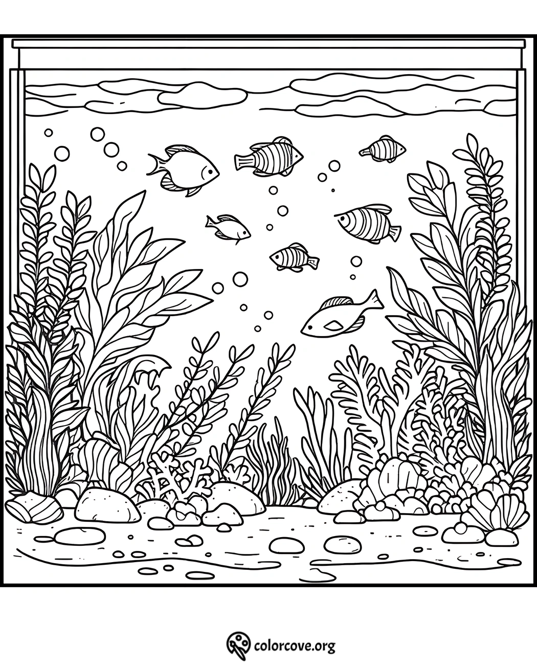 Underwater coloring page with fish swimming among seaweed and coral, featuring detailed marine life and ocean plants.