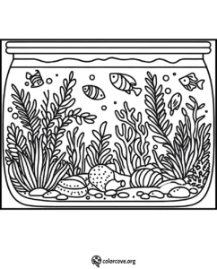 Coloring page of an aquarium with fish, plants, seashells, and pebbles, perfect for kids and relaxation activities.
