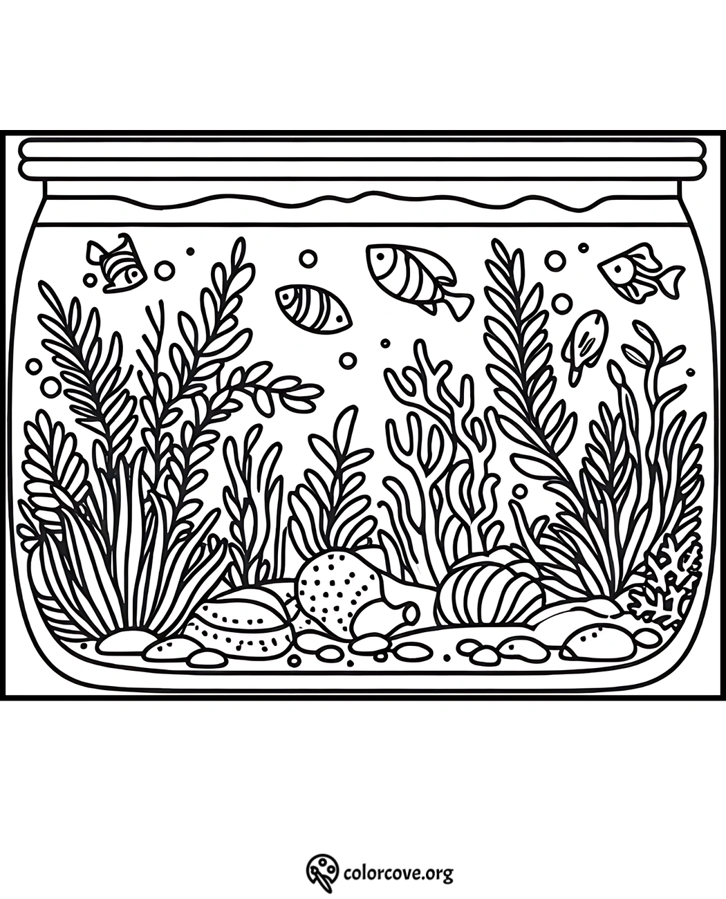 Coloring page of an aquarium with fish, plants, seashells, and pebbles, perfect for kids and relaxation activities.