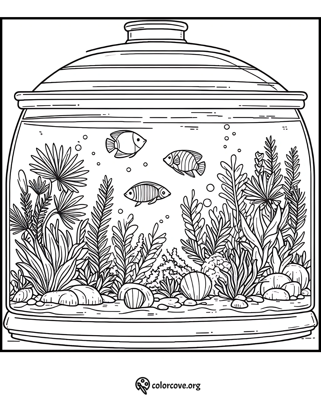 Fish tank coloring page featuring fish, plants, shells, and pebbles. Relaxing underwater scene for kids and adults to color.