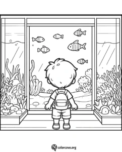 Child with a backpack looking at fish in an aquarium coloring page.