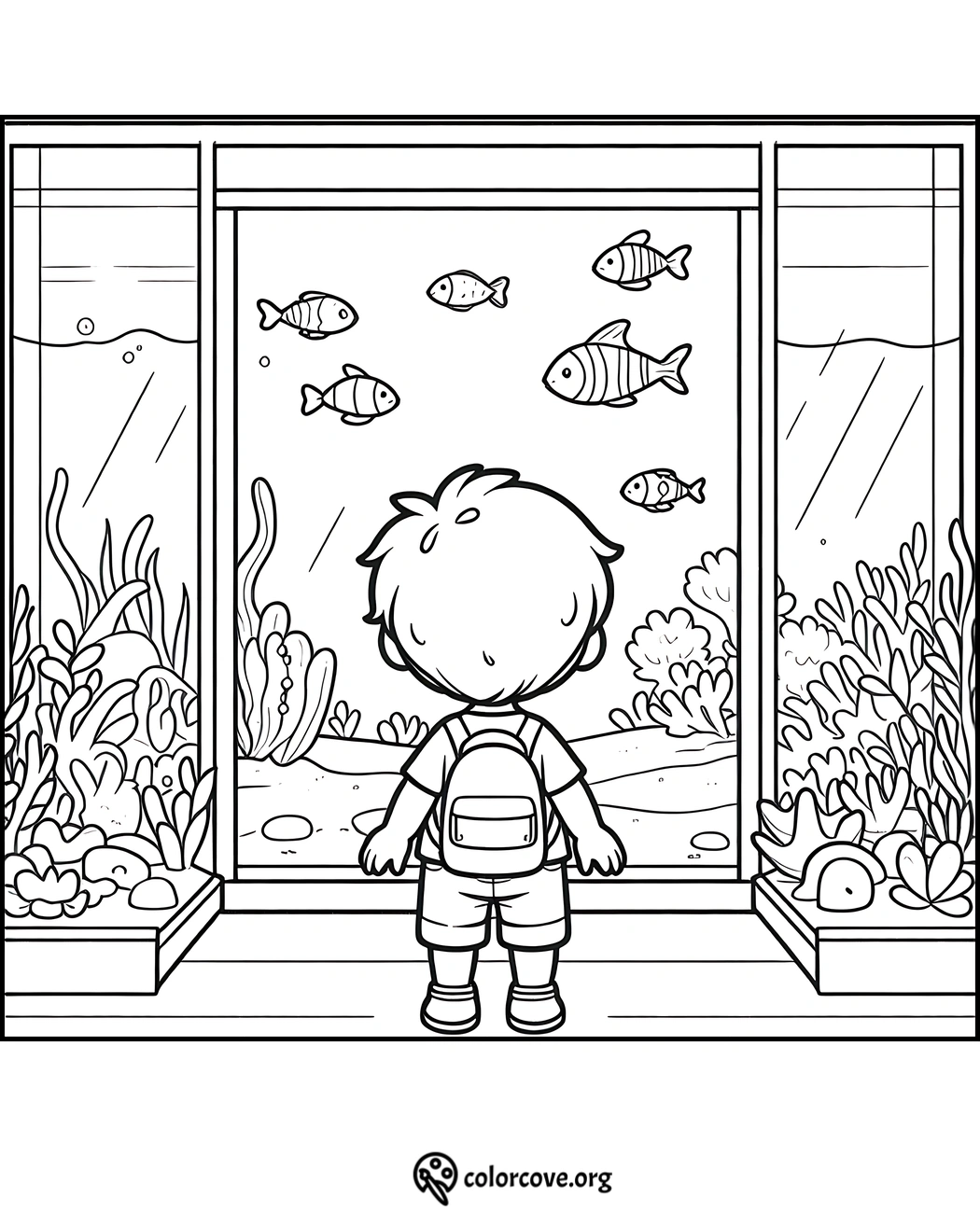 Child with a backpack looking at fish in an aquarium coloring page.