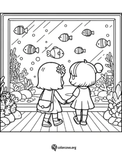 Children coloring page with two girls holding hands, watching fish in an aquarium. Perfect for kids' coloring fun.