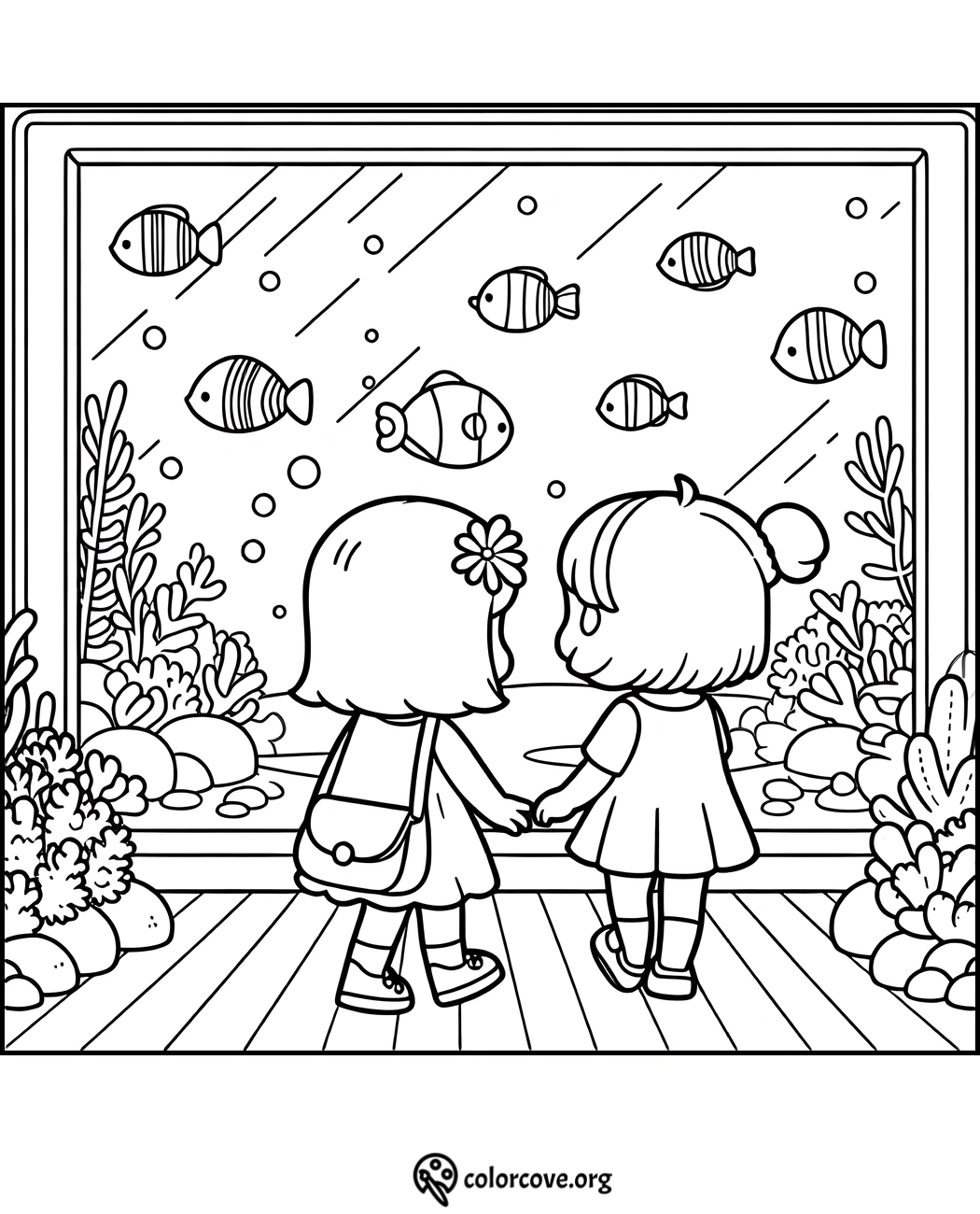 Children coloring page with two girls holding hands, watching fish in an aquarium. Perfect for kids' coloring fun.