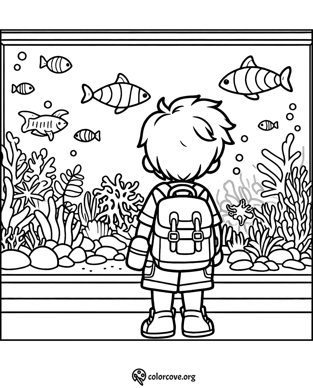 Child with a backpack watching fish in an aquarium coloring page. Various fish and plants are seen in the tank.