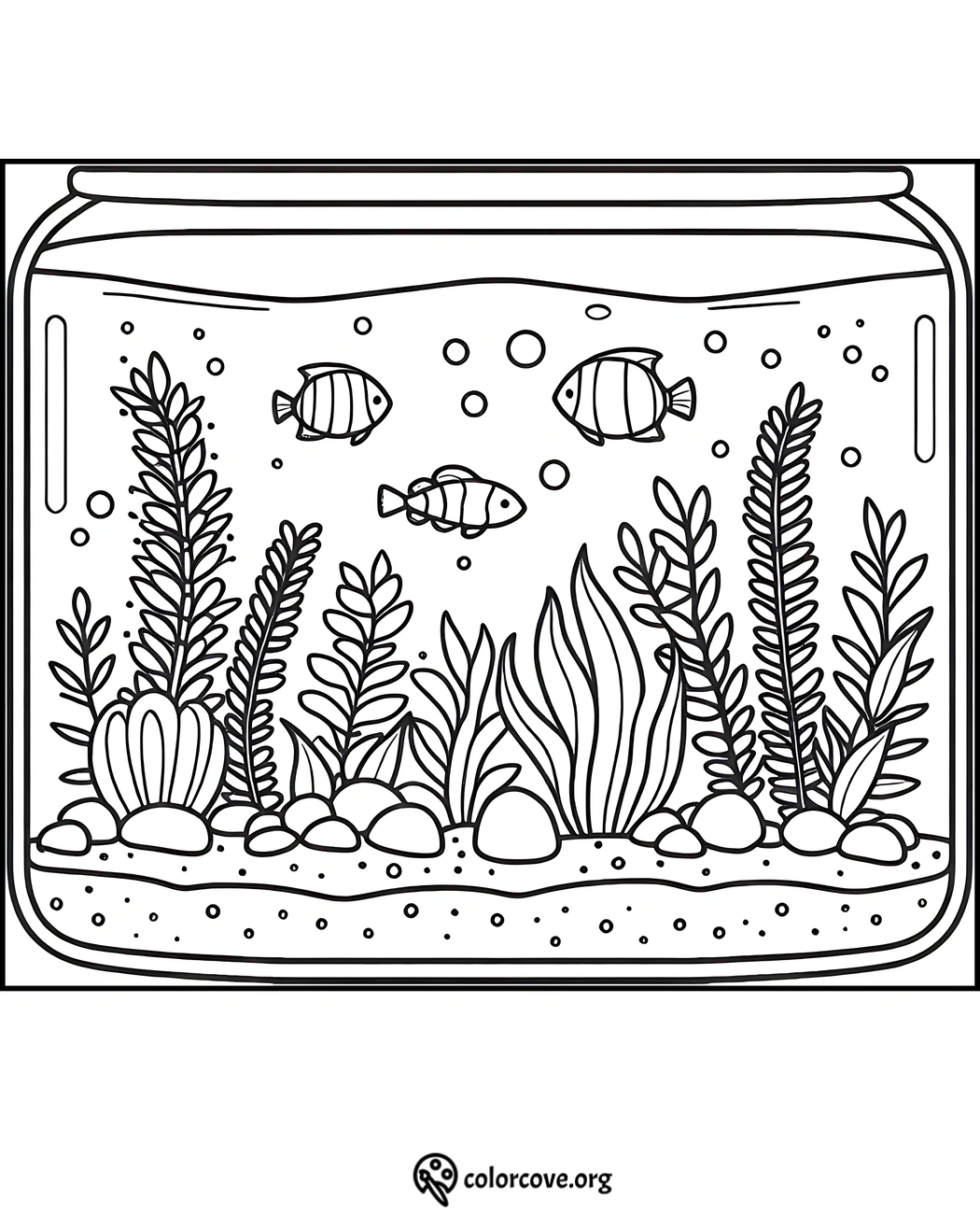 Fish tank coloring page with fish, plants, and pebbles. Print and color this aquatic scene for kids and adults.