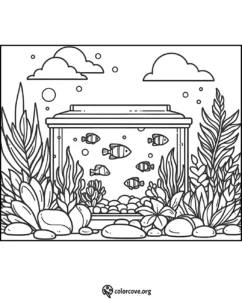 Coloring page featuring an aquarium with fish, aquatic plants, pebbles, and bubbles, ideal for kids and adults to color.