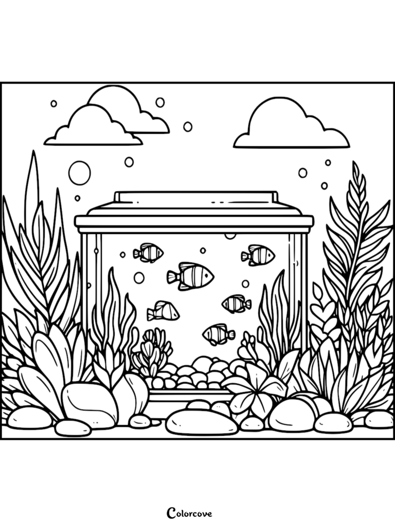 A free aquarium coloring page featuring six small striped fish swimming among aquatic plants, rocks, and bubbles.