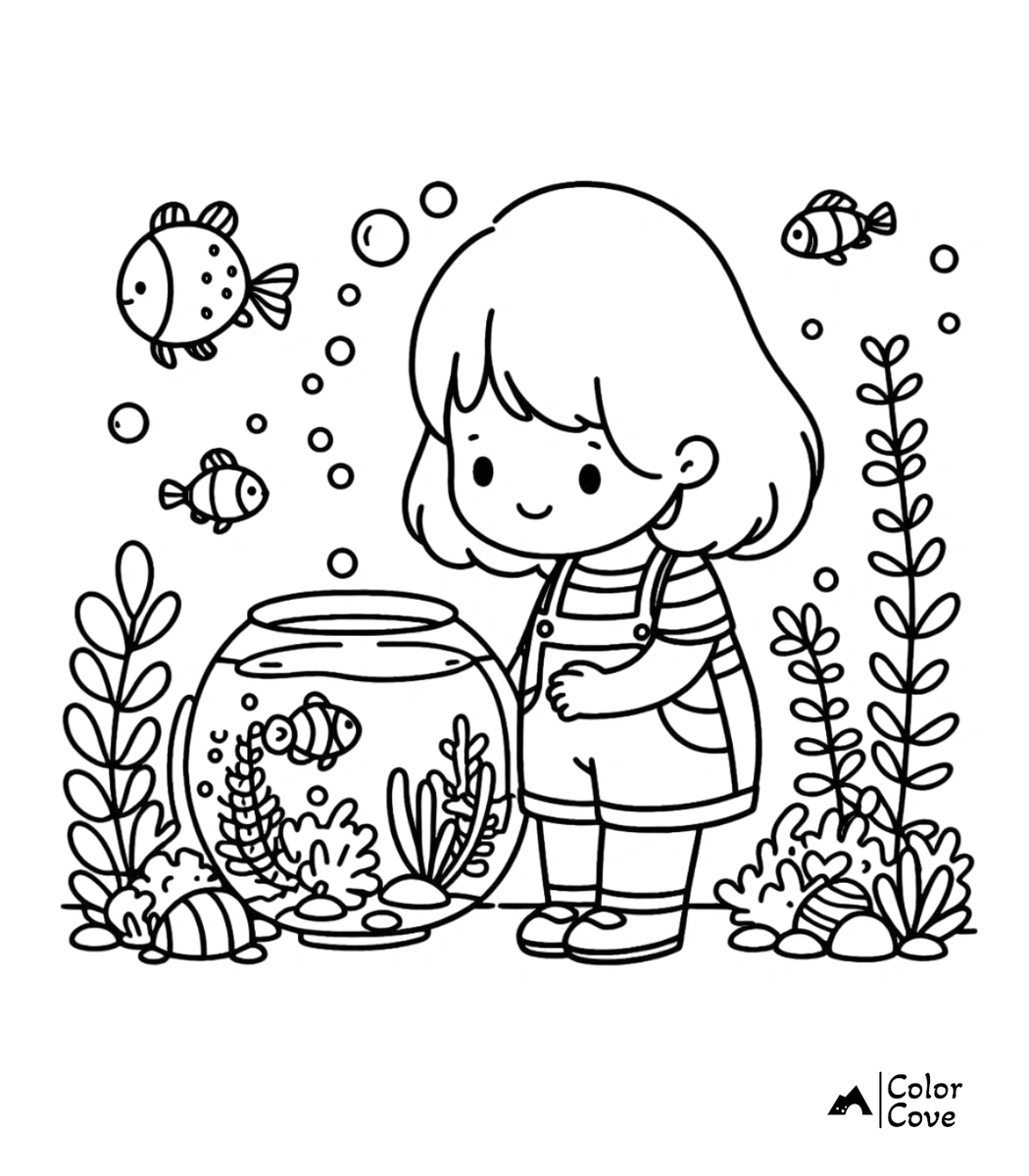 a cartoon of a girl looking at a fish bowl