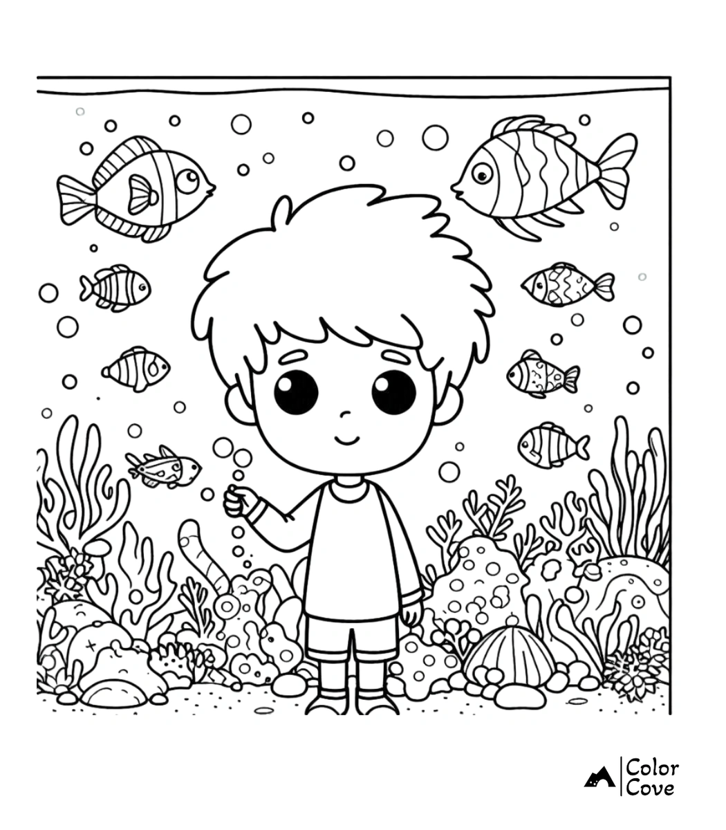 a coloring page of a boy in a tank with fish and coral