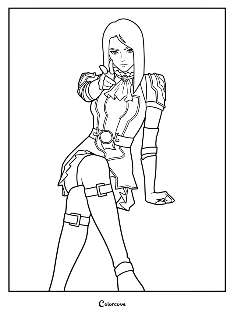 Dibujo para colorear de Caitlyn Kiramman que muestra a Caitlyn apuntando hacia adelante de Arcane League of Legends.