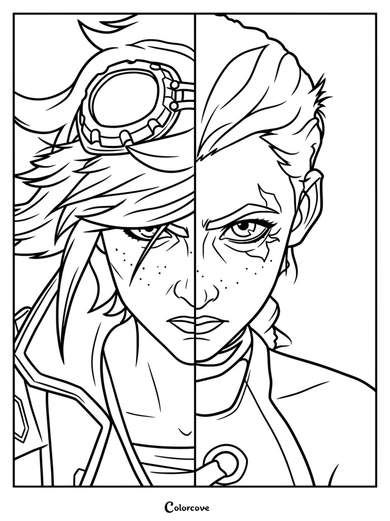 Dibujo para colorear de retrato dividido de Jinx y Vi de Arcane League of Legends con características detalladas de los personajes.