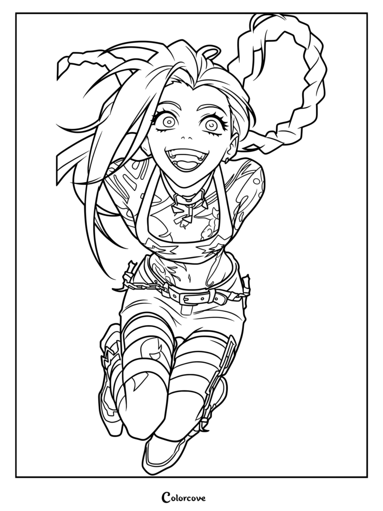 Dibujo para colorear de Jinx de la serie animada Arcane y el videojuego League of Legends, con su largo cabello azul trenzado, brillantes ojos azules, tatuajes y una sonrisa amplia y caótica