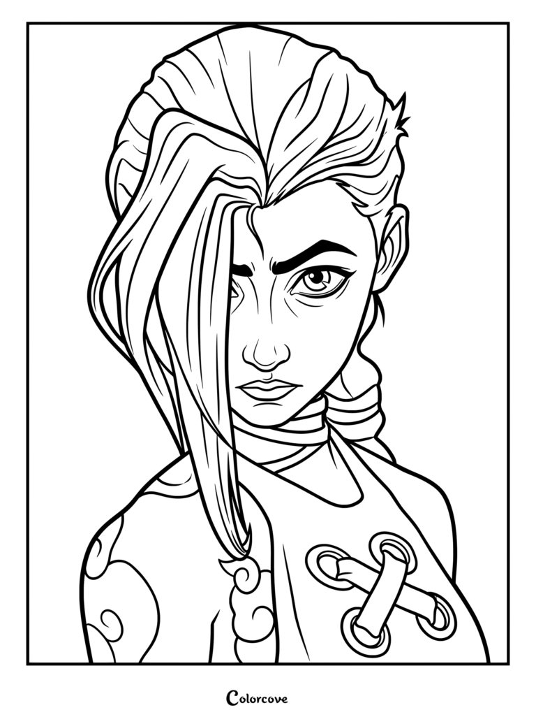 Dibujo detallado para colorear de Jinx de Arcane League of Legends que presenta un retrato del personaje con cabello largo trenzado y atuendo con cordones.