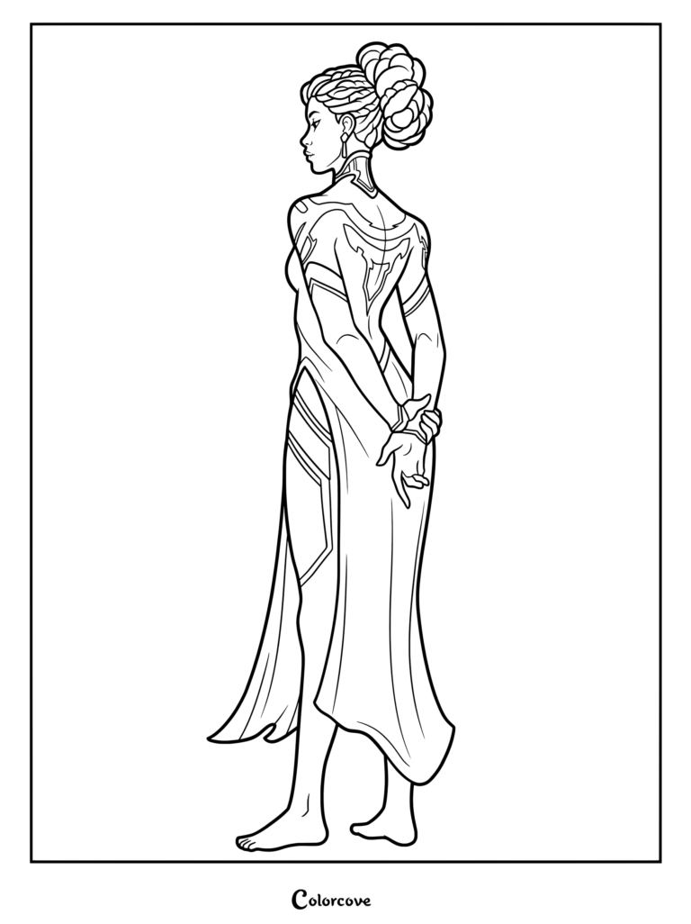 Página para colorear de Mel Medarda de Arcane League of Legends que la muestra de pie con las manos entrelazadas detrás de la espalda con un vestido detallado.