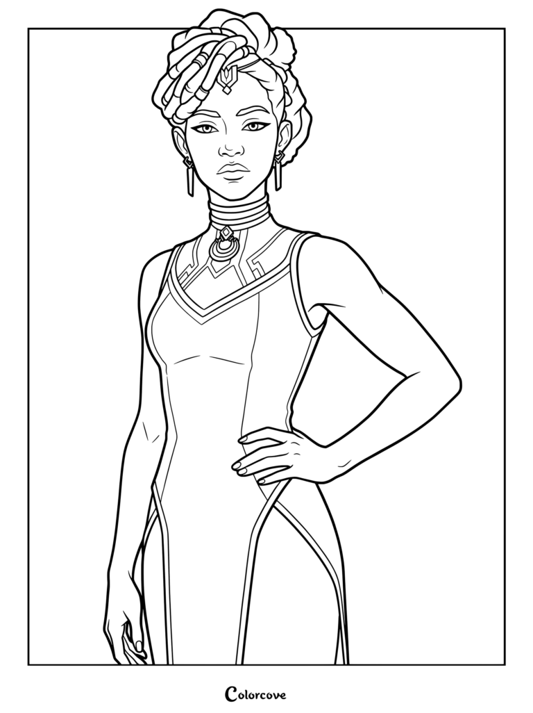 Página para colorear de Mel Medarda de Arcane League of Legends con su intrincado peinado recogido trenzado y un vestido ornamentado