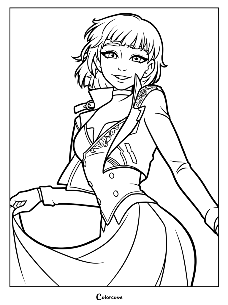Un dibujo para colorear imprimible de Powder de Arcane League of Legends sonriendo y sosteniendo su falda mientras viste una chaqueta adornada con cuello.