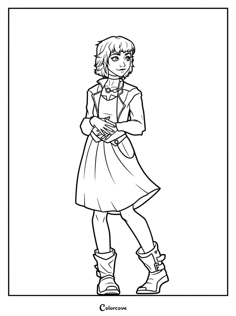 Dibujo para colorear de Powder de Arcane League of Legends, que muestra al personaje de pie con una expresión calmada en una chaqueta y botas.