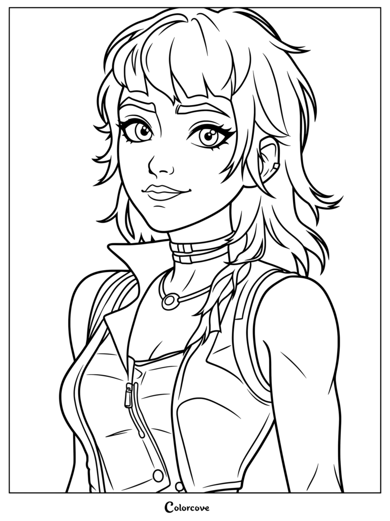 Dibujo para colorear de Powder de Arcane League of Legends con un corte de pelo corto y chaqueta con cremallera.