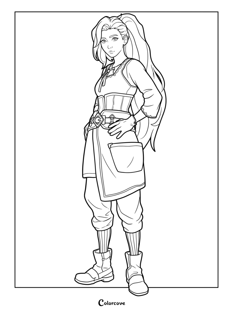 Página para colorear de Seraphine de Arcane League of Legends con el personaje de pie con una mano en la cadera.