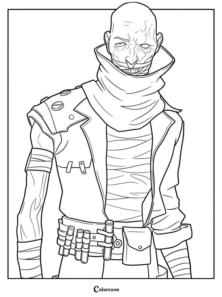Página para colorear de Singed de Arcane League of Legends con el personaje con una chaqueta remendada y la cara vendada.