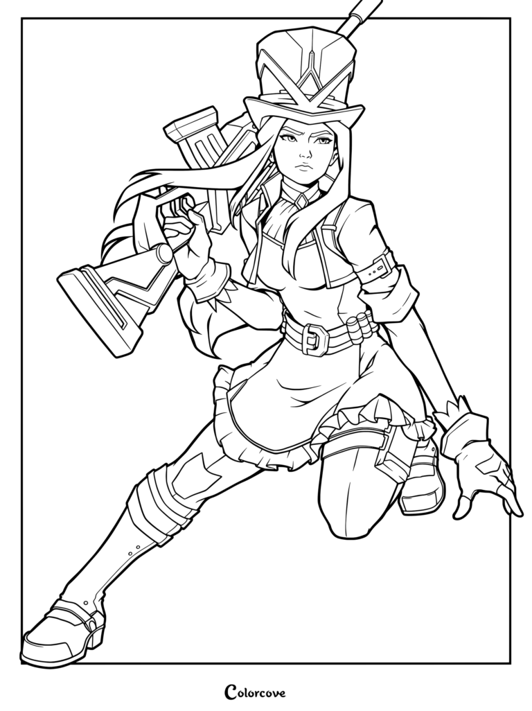 Dibujo para colorear de Caitlyn de Arcane League of Legends que la muestra sosteniendo un rifle en una postura de combate dinámica.