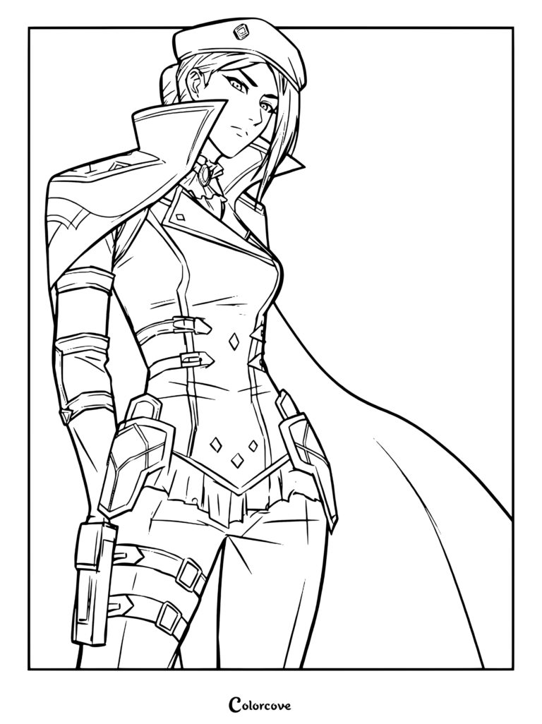 Dibujo para colorear imprimible de Caitlyn Kiramman de Arcane League of Legends en un atuendo conceptual de comandante o ejecutora sénior con boina y capa.