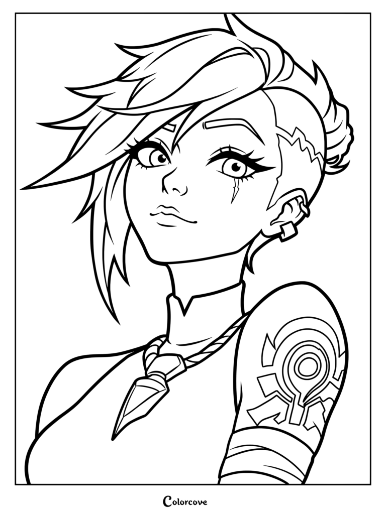 Dibujo detallado para colorear con arte de fan de Vi (Violet) de la serie animada Arcane y League of Legends, que muestra su cabello corto en punta, cicatriz facial, collar y distintivo tatuaje en el hombro.
